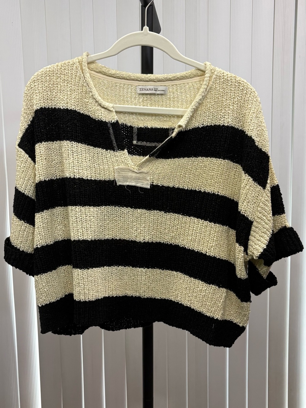 Zenana Outfitters Black and Cream Striped Scoop-Neck Sweater